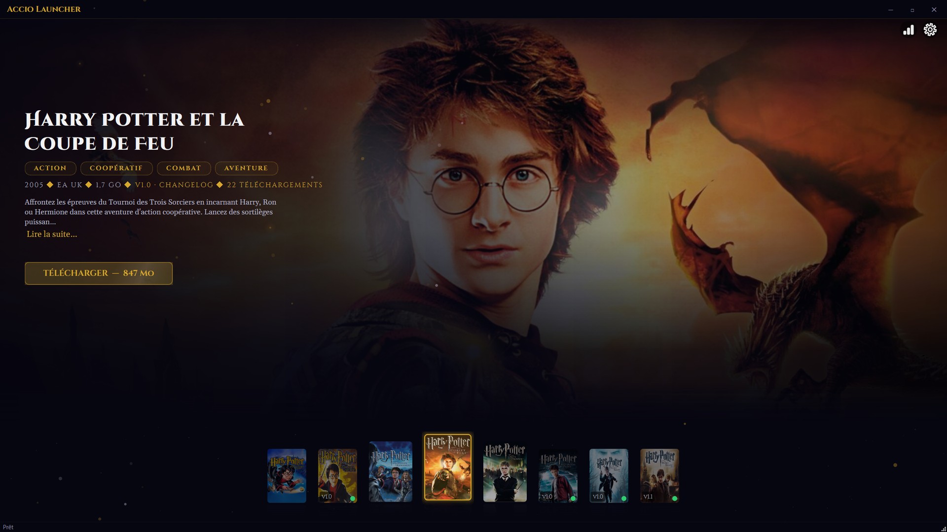 Le launcher Accio, fiche d'un jeu et carrousel des huit jaquettes